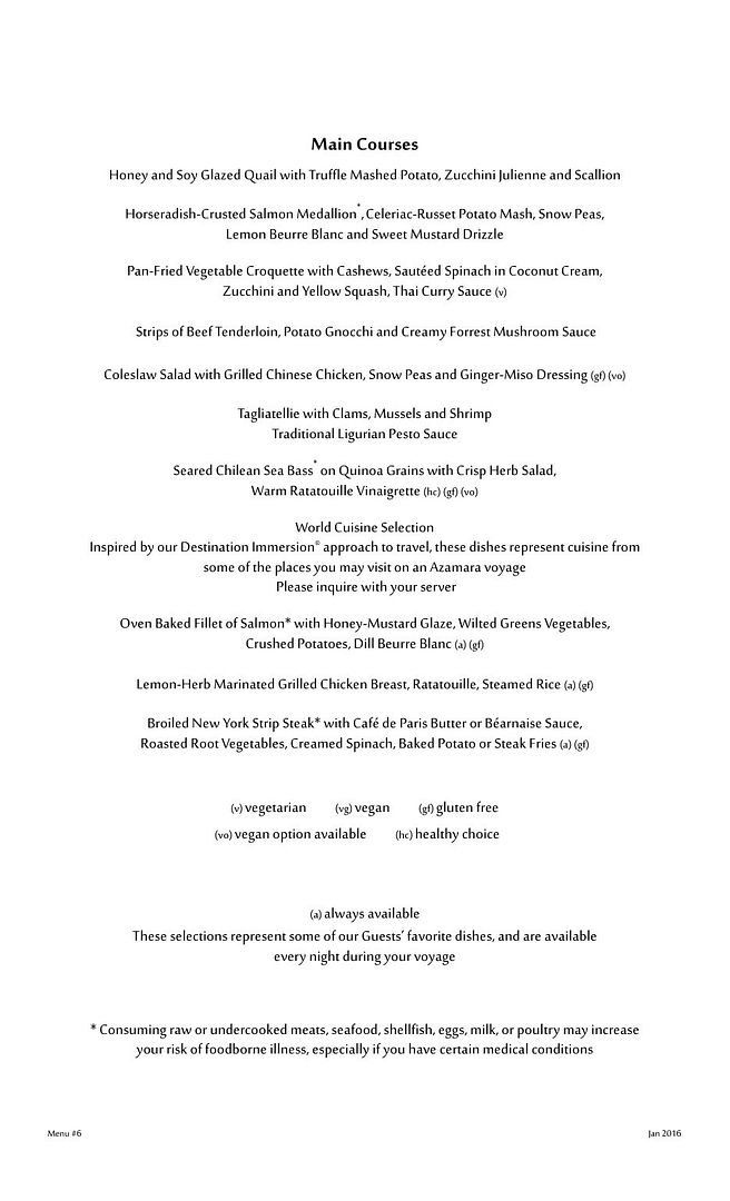 Azamara Discoveries Restaurant Menus (January 2016) Cruise Critic